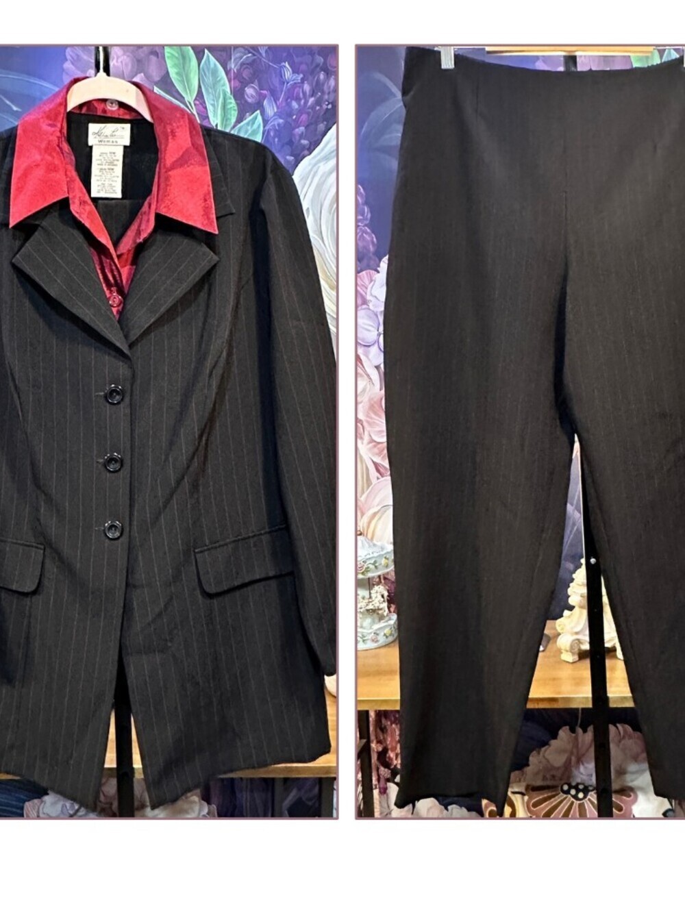 Kathie Lee 18W Pinstripe Pant Suit Blazer Black Red Dickie Minimalist Academia